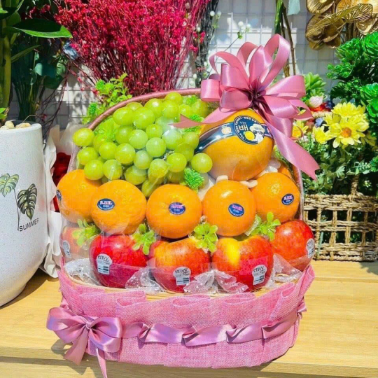 GIỎ TRÁI CÂY QUÀ TẶNG nơ hồng 